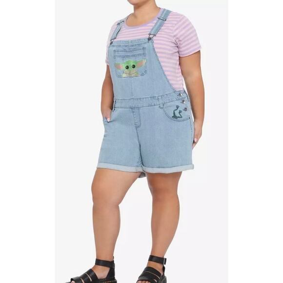 Star Wars Pants - Star Wars Light Blue Denim Short Overalls with Grogu Patch
